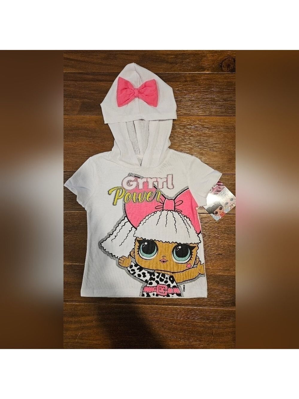 L.O.L. SURPRISE! NWT GIRL'S GRRRL POWER GLITTER GRAPHIC T-SHIRT HOOD& BOW SIZE 4